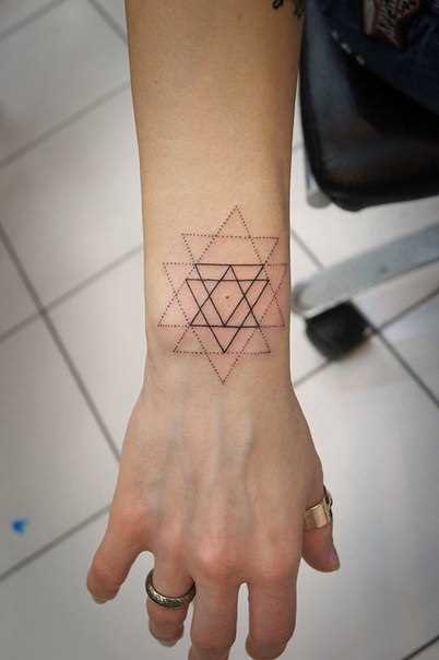 Tatuagem no pulso da menina - um monte de triângulos