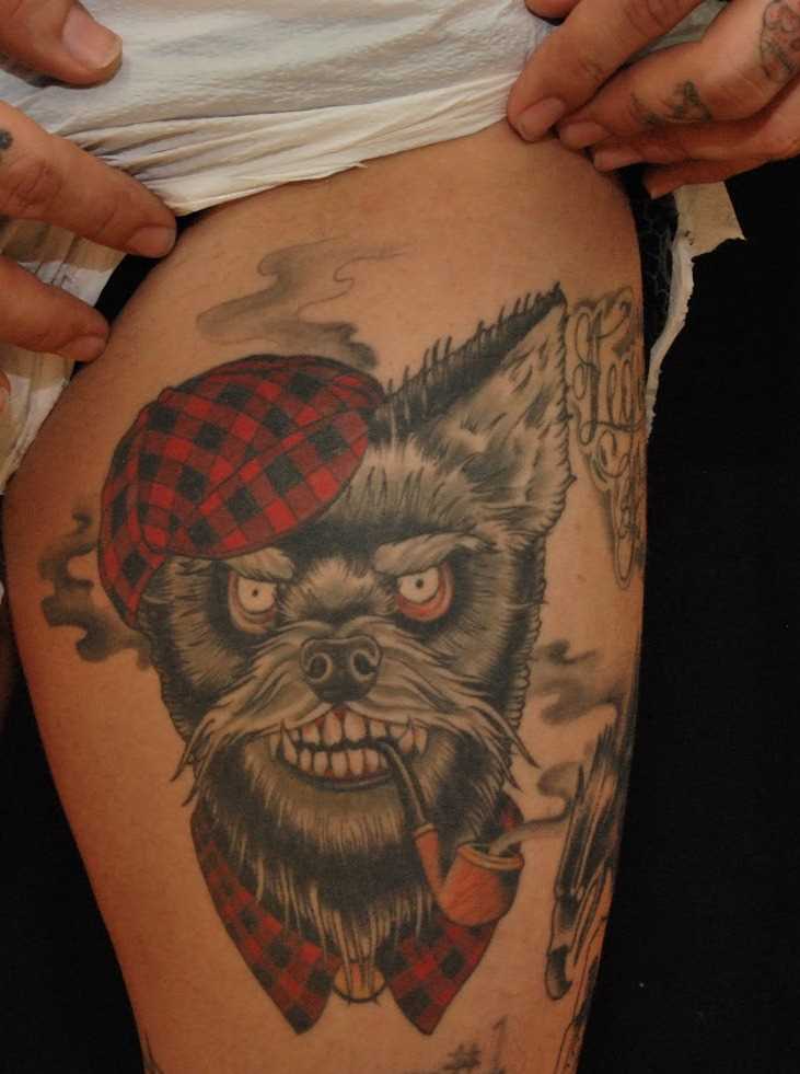 Tatuagem no quadril cara - de- cão, com um tubo de