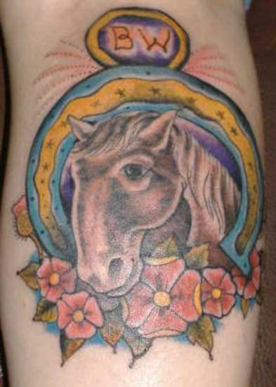 Tatuagem que tem no braço da menina - ferradura, o cavalo e as cores
