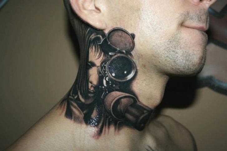 Tatuagem tinta preta no estilo 3d em volta do pescoço de um cara - de sniper