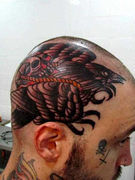 Tatuagem - um corvo com um crânio de estilo oldschool na cabeça do cara