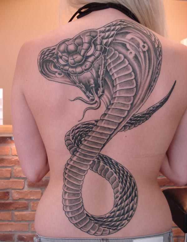 Uma grande tatuagem em forma de serpente na parte de trás da menina